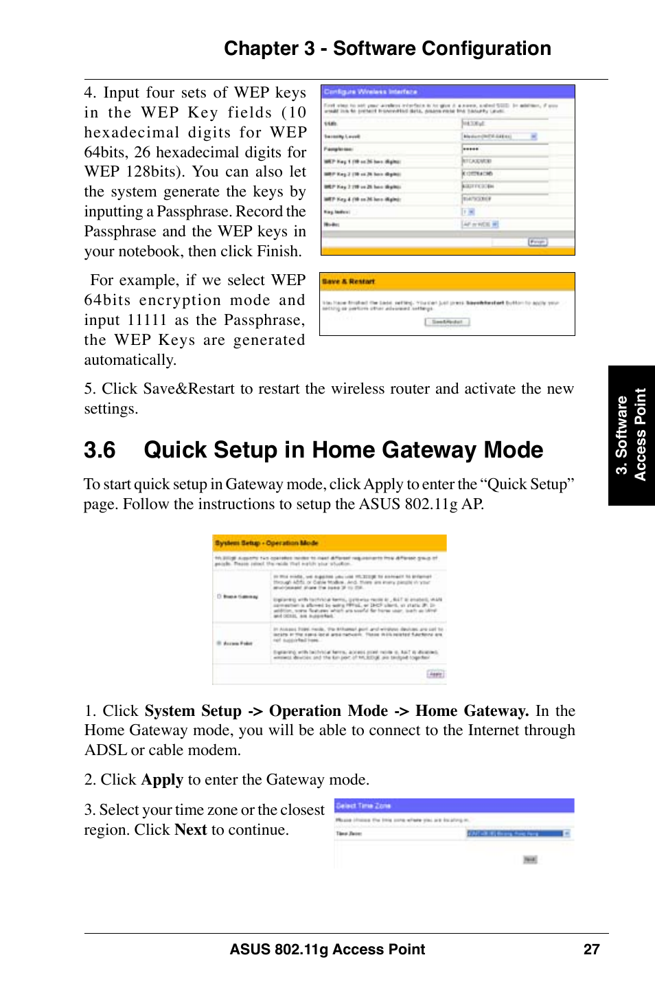 6 quick setup in home gateway mode, Chapter 3 - software configuration | Asus WL-320gE User Manual | Page 27 / 74