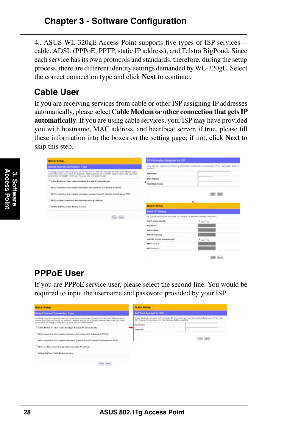 Chapter 3 - software configuration, Cable user, Pppoe user | Asus WL-320gE User Manual | Page 28 / 74