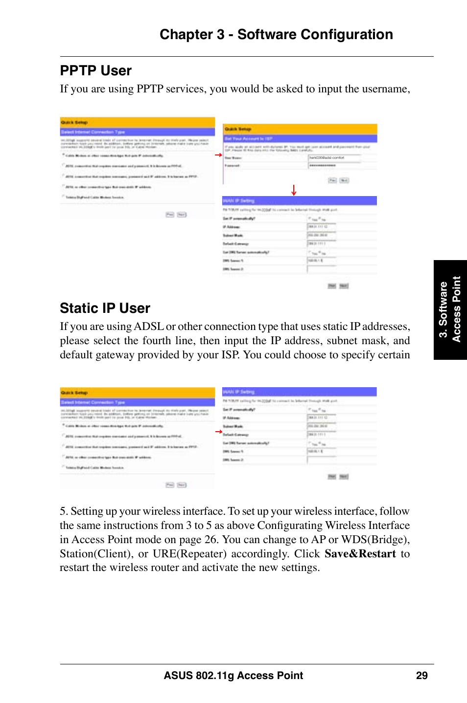 Chapter 3 - software configuration, Pptp user, Static ip user | Asus WL-320gE User Manual | Page 29 / 74