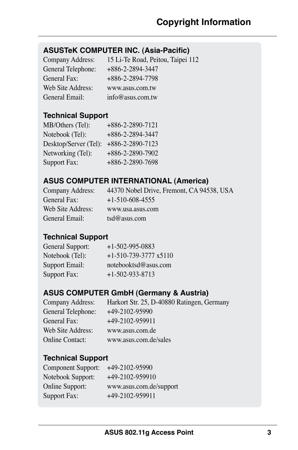 Copyright information | Asus WL-320gE User Manual | Page 3 / 74