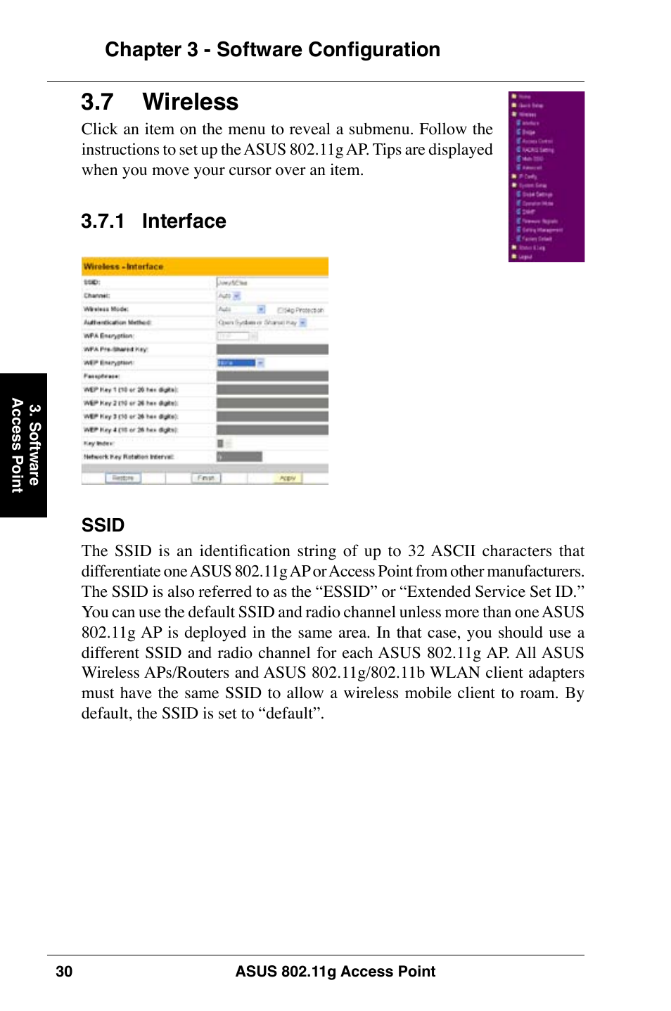 7 wireless, Chapter 3 - software configuration, 1 interface | Asus WL-320gE User Manual | Page 30 / 74