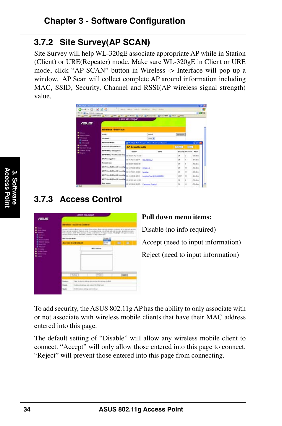 Chapter 3 - software configuration, 3 access control, 2 site survey(ap scan) | Asus WL-320gE User Manual | Page 34 / 74