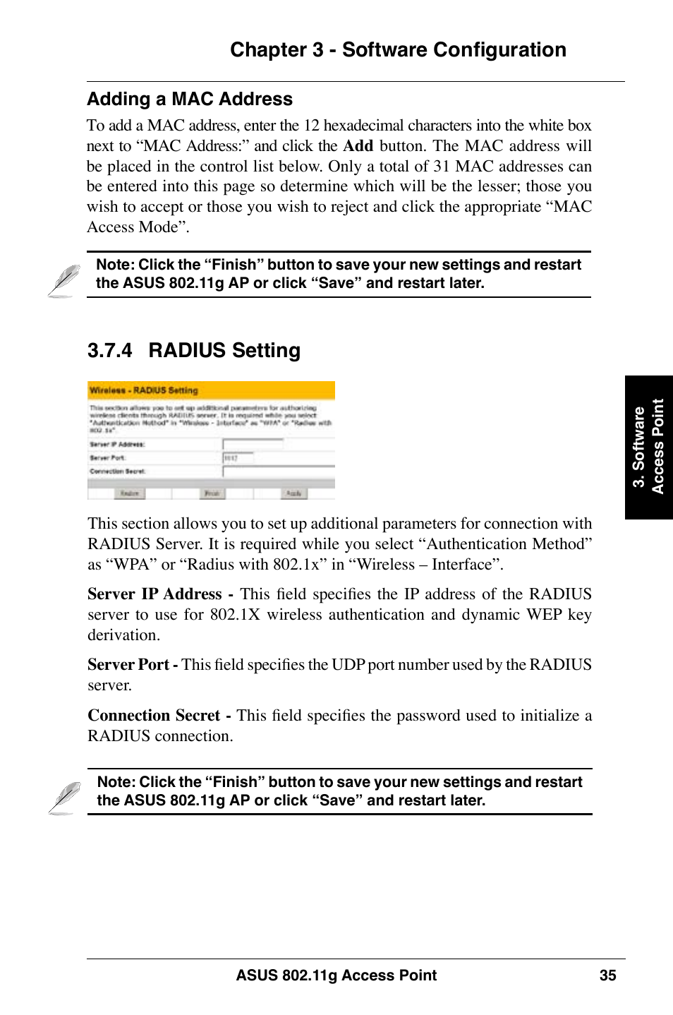 Chapter 3 - software configuration,  radius setting | Asus WL-320gE User Manual | Page 35 / 74