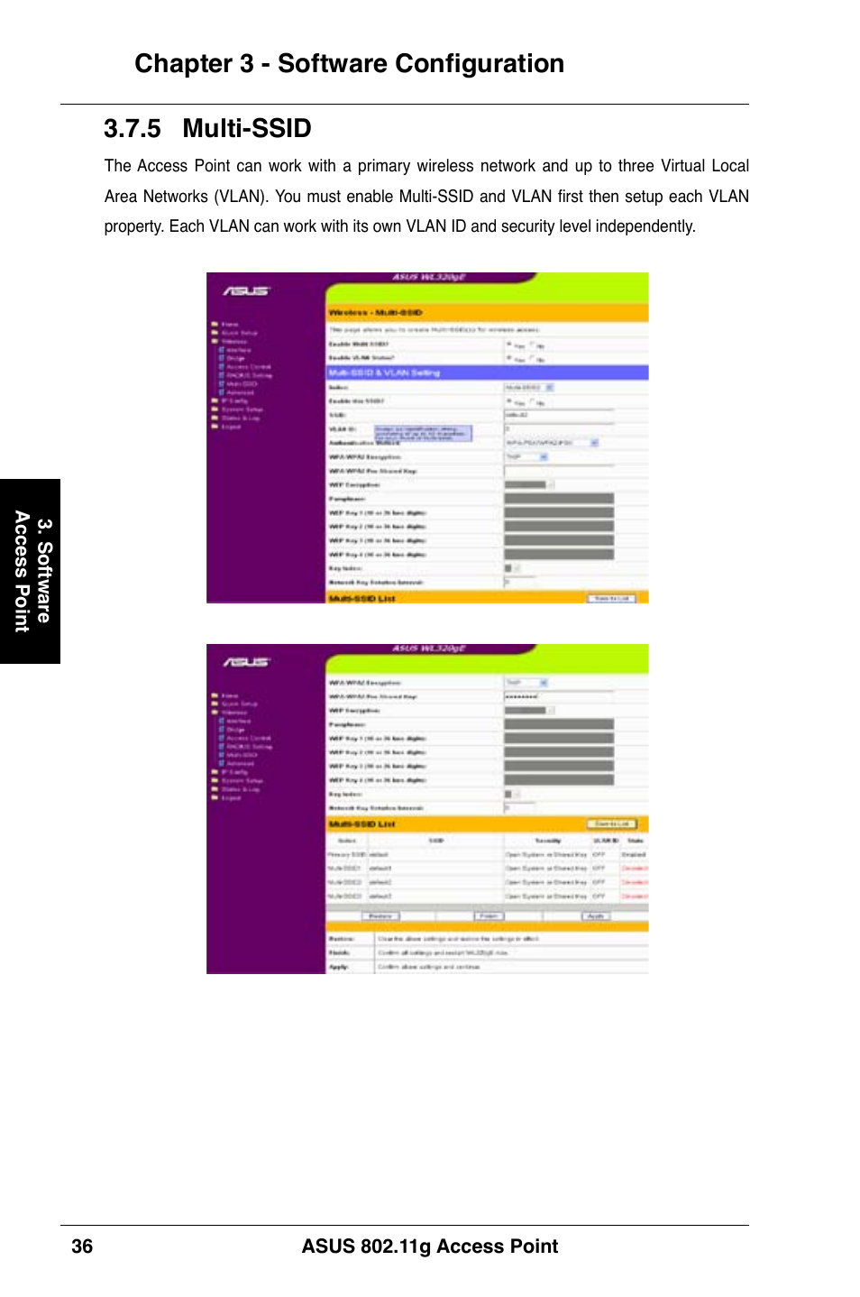 Chapter 3 - software configuration,  multi-ssid | Asus WL-320gE User Manual | Page 36 / 74