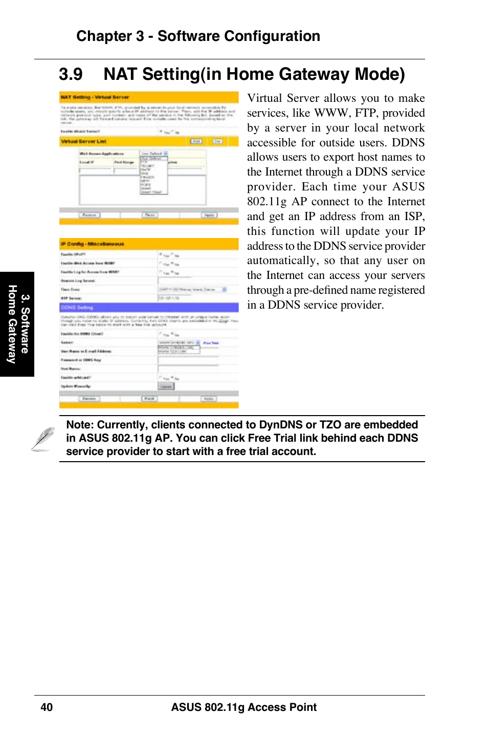  nat setting(in home gateway mode), Chapter 3 - software configuration | Asus WL-320gE User Manual | Page 40 / 74