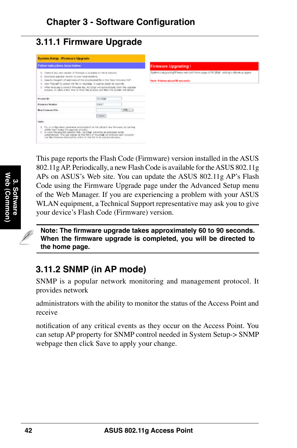 Chapter 3 - software configuration, 1 firmware upgrade, 2 snmp (in ap mode) | Asus WL-320gE User Manual | Page 42 / 74