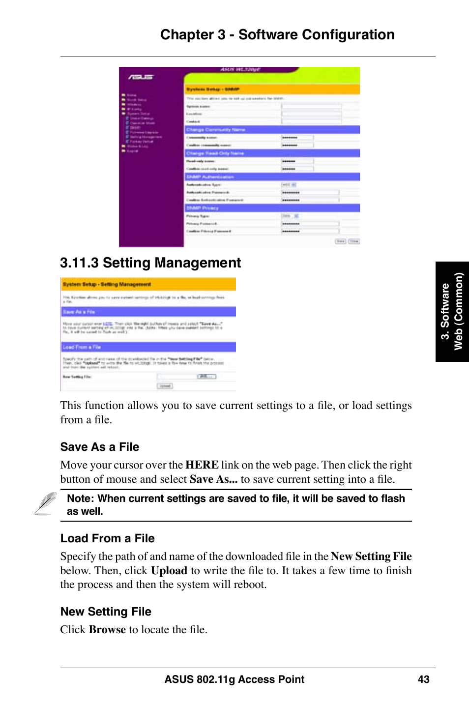 Chapter 3 - software configuration, 3 setting management | Asus WL-320gE User Manual | Page 43 / 74