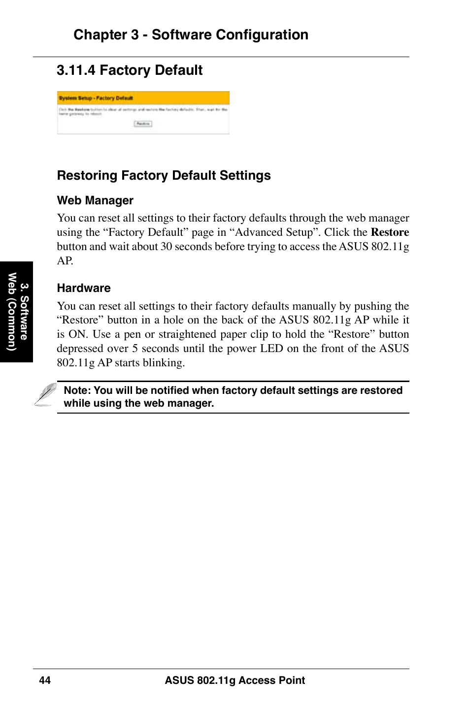 Chapter 3 - software configuration,  factory default | Asus WL-320gE User Manual | Page 44 / 74