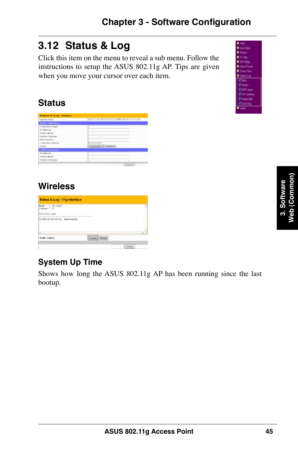 12 status & log, Chapter 3 - software configuration, Status | Wireless | Asus WL-320gE User Manual | Page 45 / 74