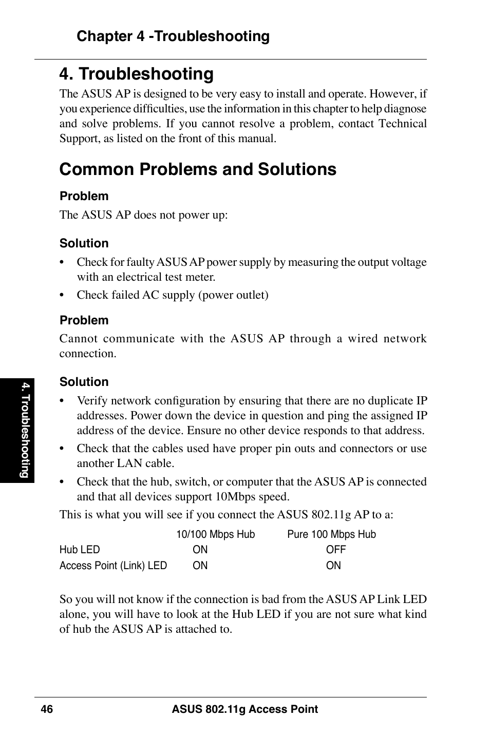 Troubleshooting, Common problems and solutions, Chapter  -troubleshooting | Asus WL-320gE User Manual | Page 46 / 74