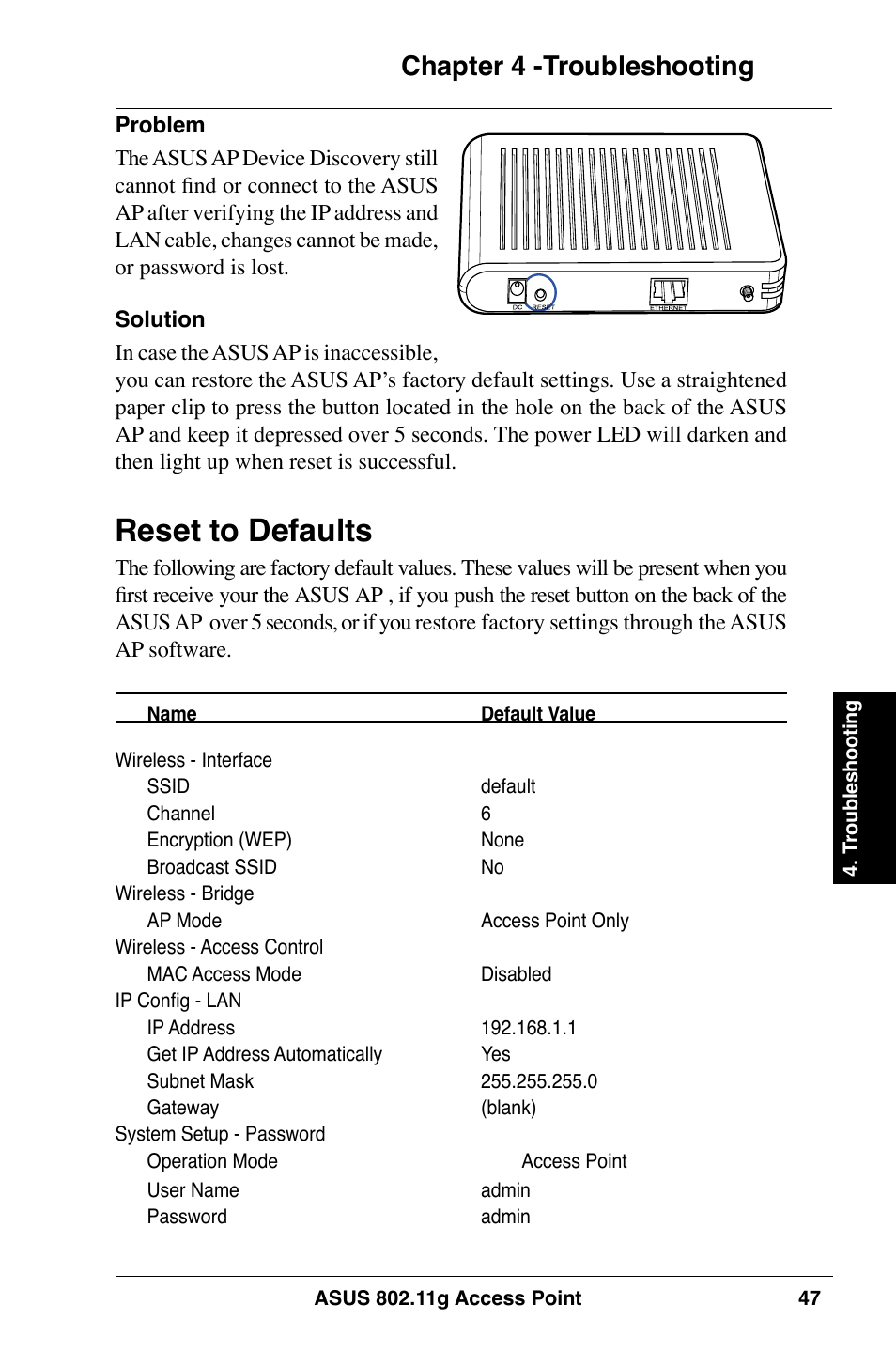 Reset to defaults, Chapter  -troubleshooting | Asus WL-320gE User Manual | Page 47 / 74