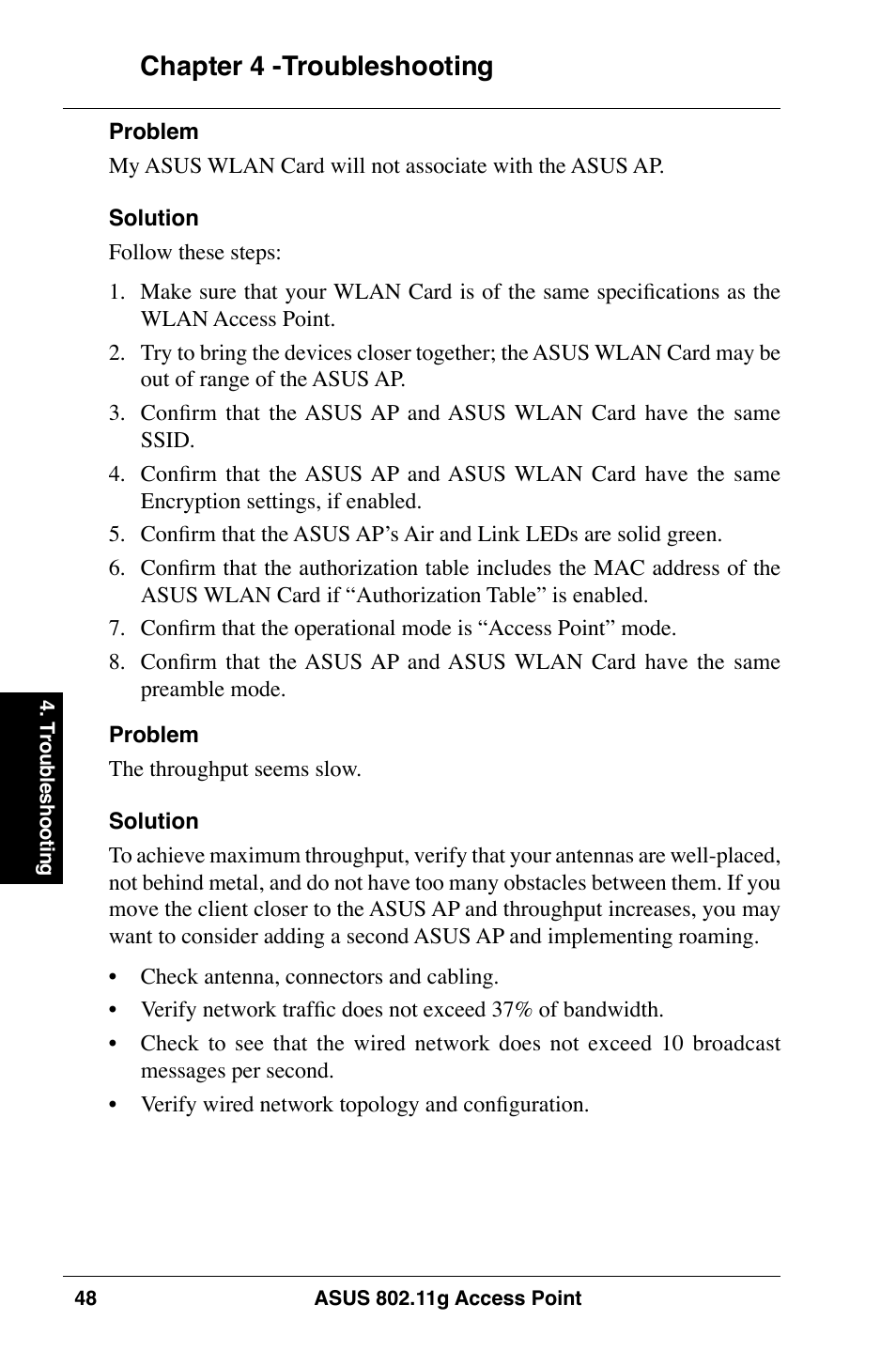 Chapter  -troubleshooting | Asus WL-320gE User Manual | Page 48 / 74