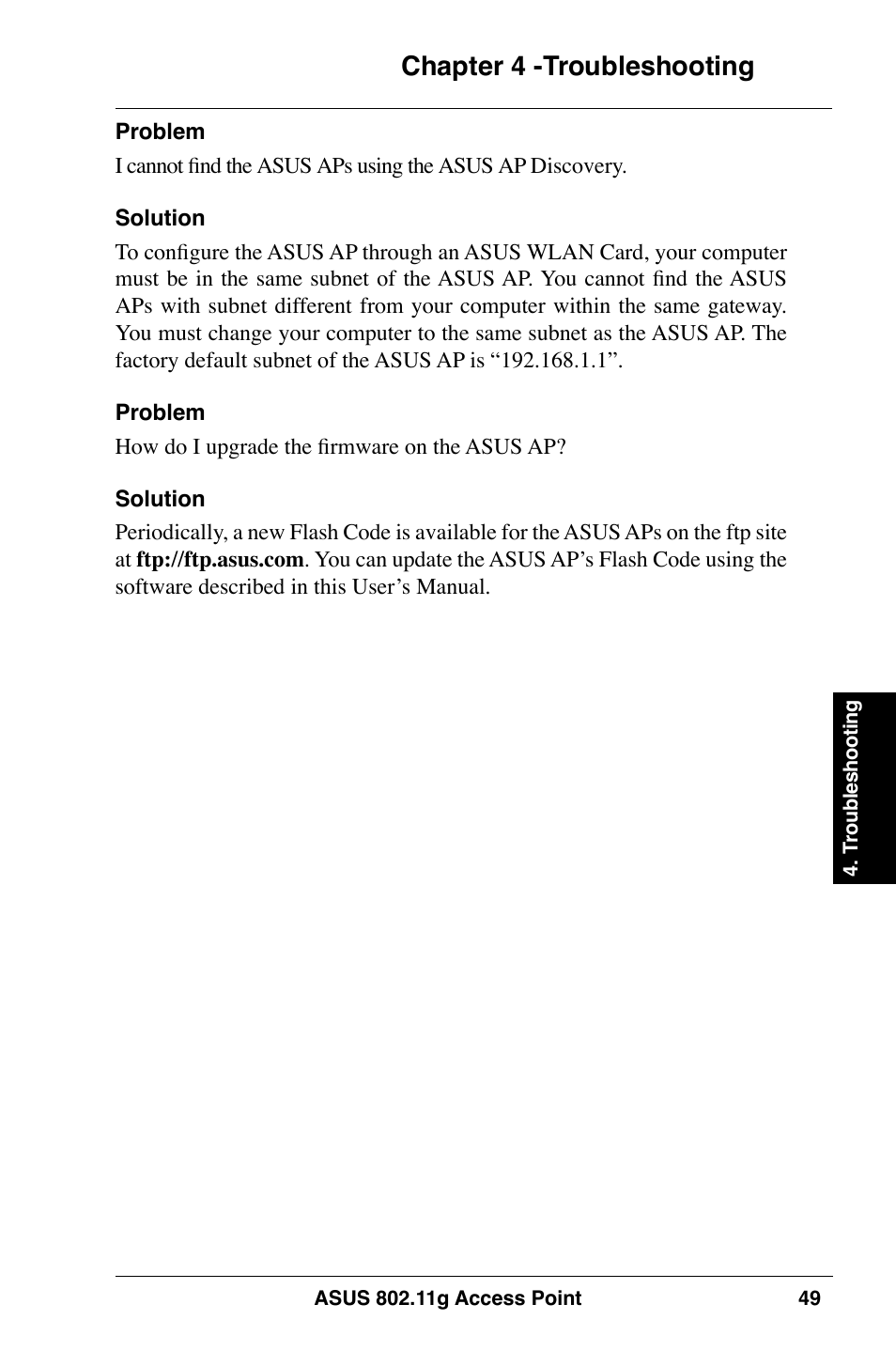 Chapter  -troubleshooting | Asus WL-320gE User Manual | Page 49 / 74