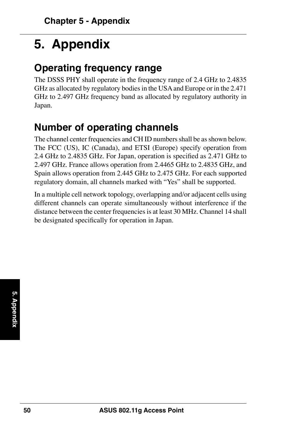 Appendix, Operating frequency range, Number of operating channels | Asus WL-320gE User Manual | Page 50 / 74