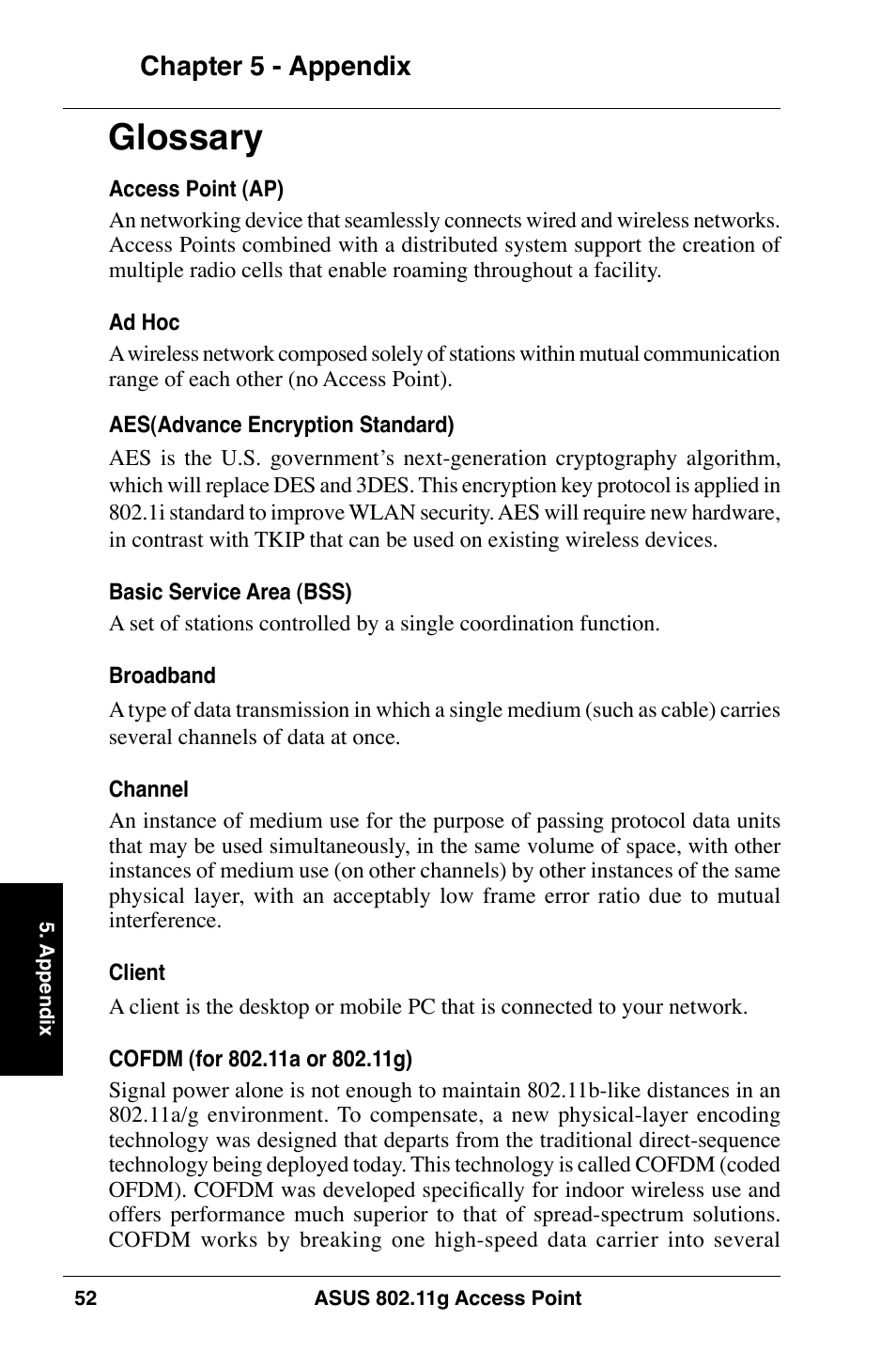 Glossary, Chapter  - appendix | Asus WL-320gE User Manual | Page 52 / 74