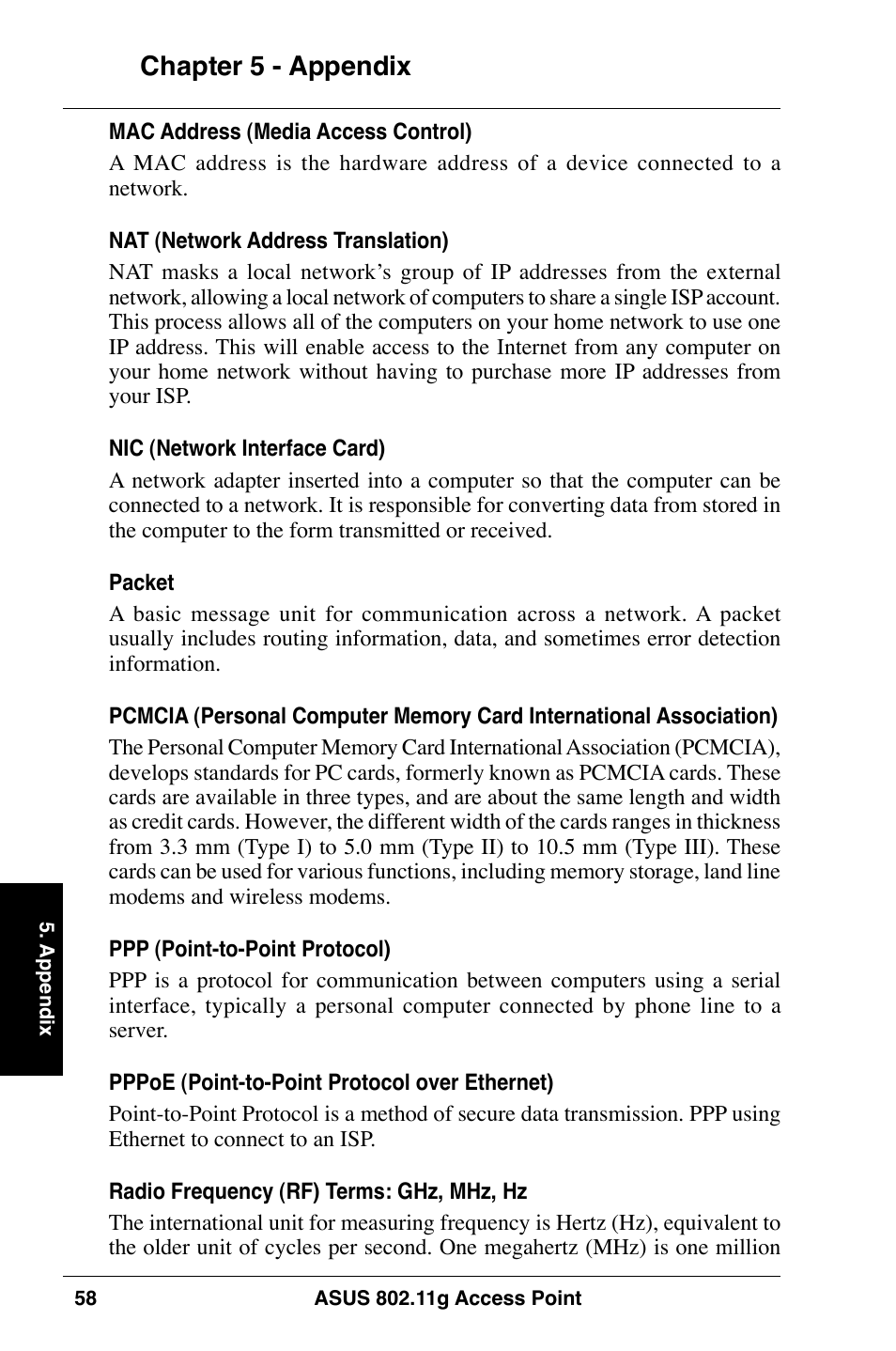 Chapter  - appendix | Asus WL-320gE User Manual | Page 58 / 74