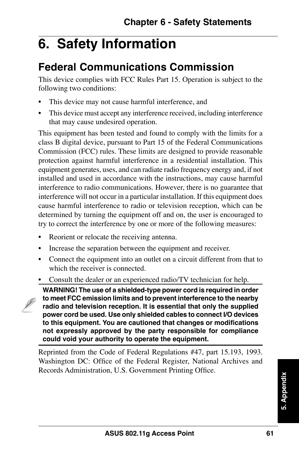 Safety information, Federal communications commission, Chapter 6 - safety statements | Asus WL-320gE User Manual | Page 61 / 74