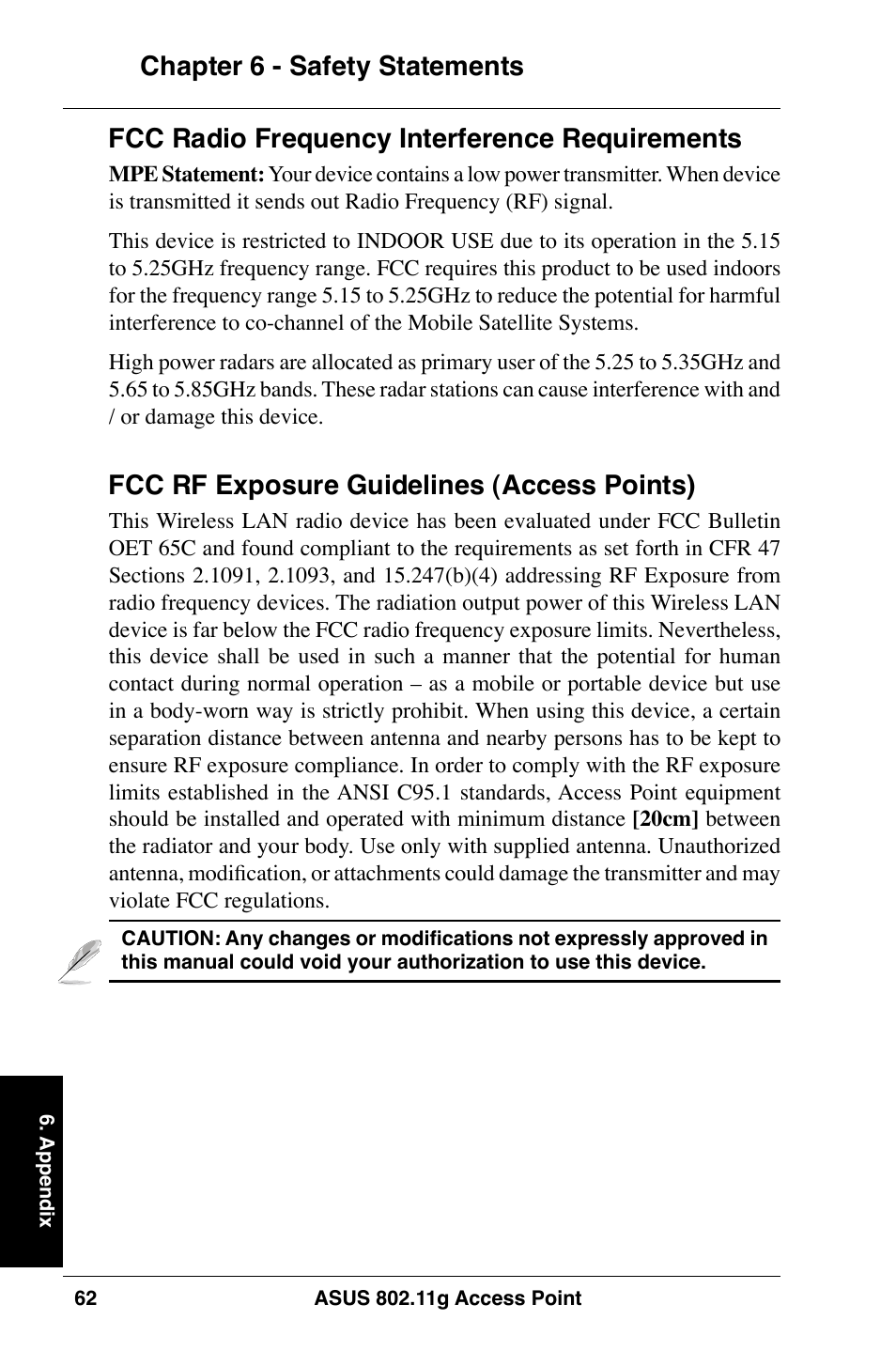 Fcc rf exposure guidelines (access points) | Asus WL-320gE User Manual | Page 62 / 74