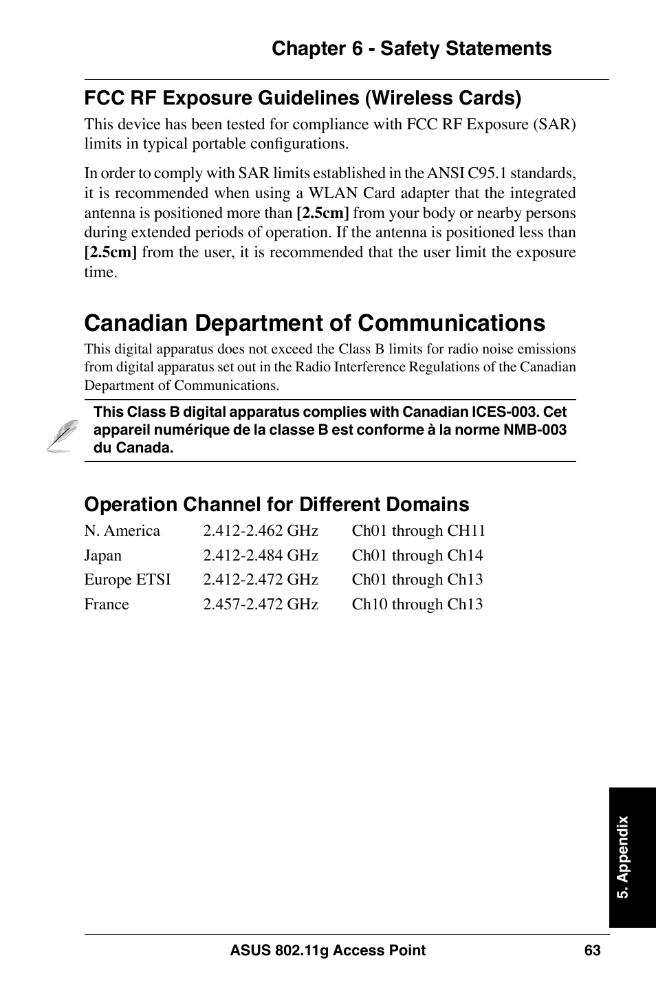 Canadian department of communications, Operation channel for different domains | Asus WL-320gE User Manual | Page 63 / 74