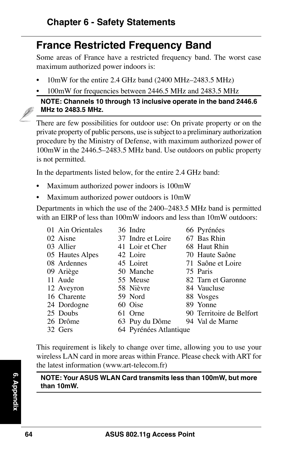 France restricted frequency band, Chapter 6 - safety statements | Asus WL-320gE User Manual | Page 64 / 74