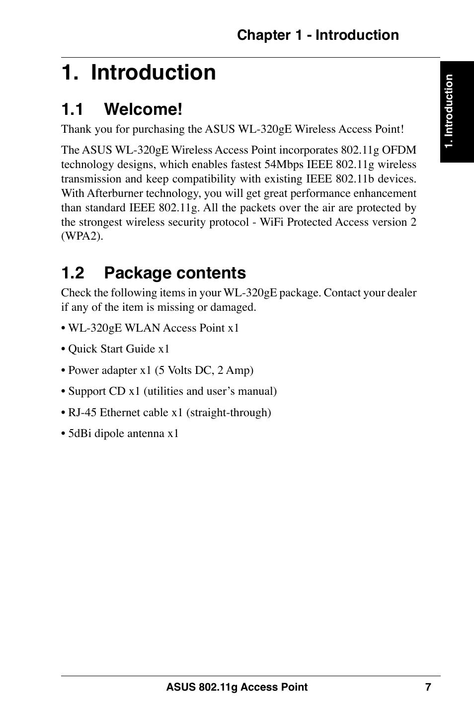Introduction, 1 welcome, 2 package contents | Asus WL-320gE User Manual | Page 7 / 74