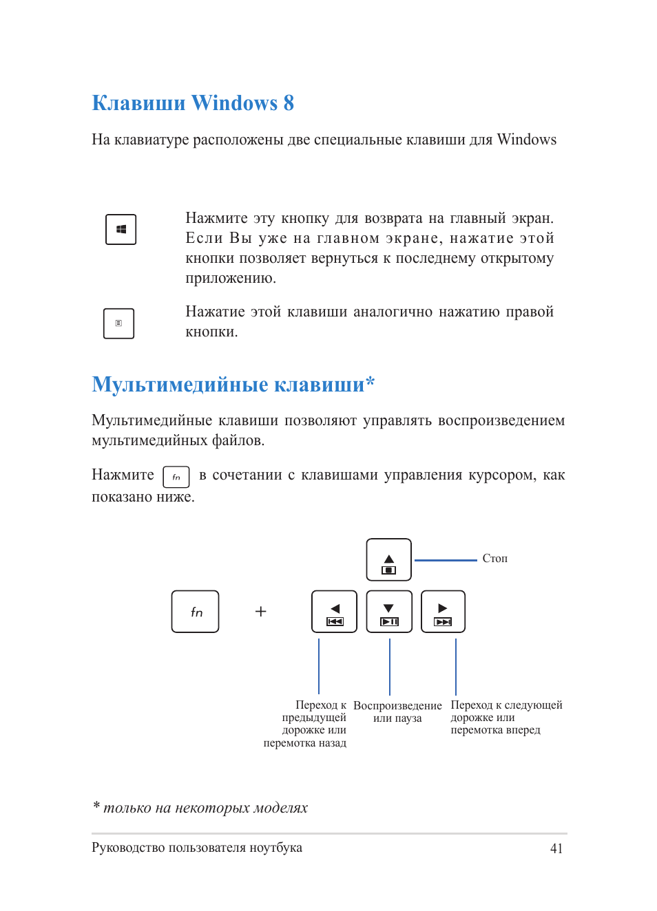 Клавиши windows 8, Мультимедийные клавиши, Клавиши windows 8 мультимедийные клавиши | Asus Y482CP User Manual | Page 41 / 130