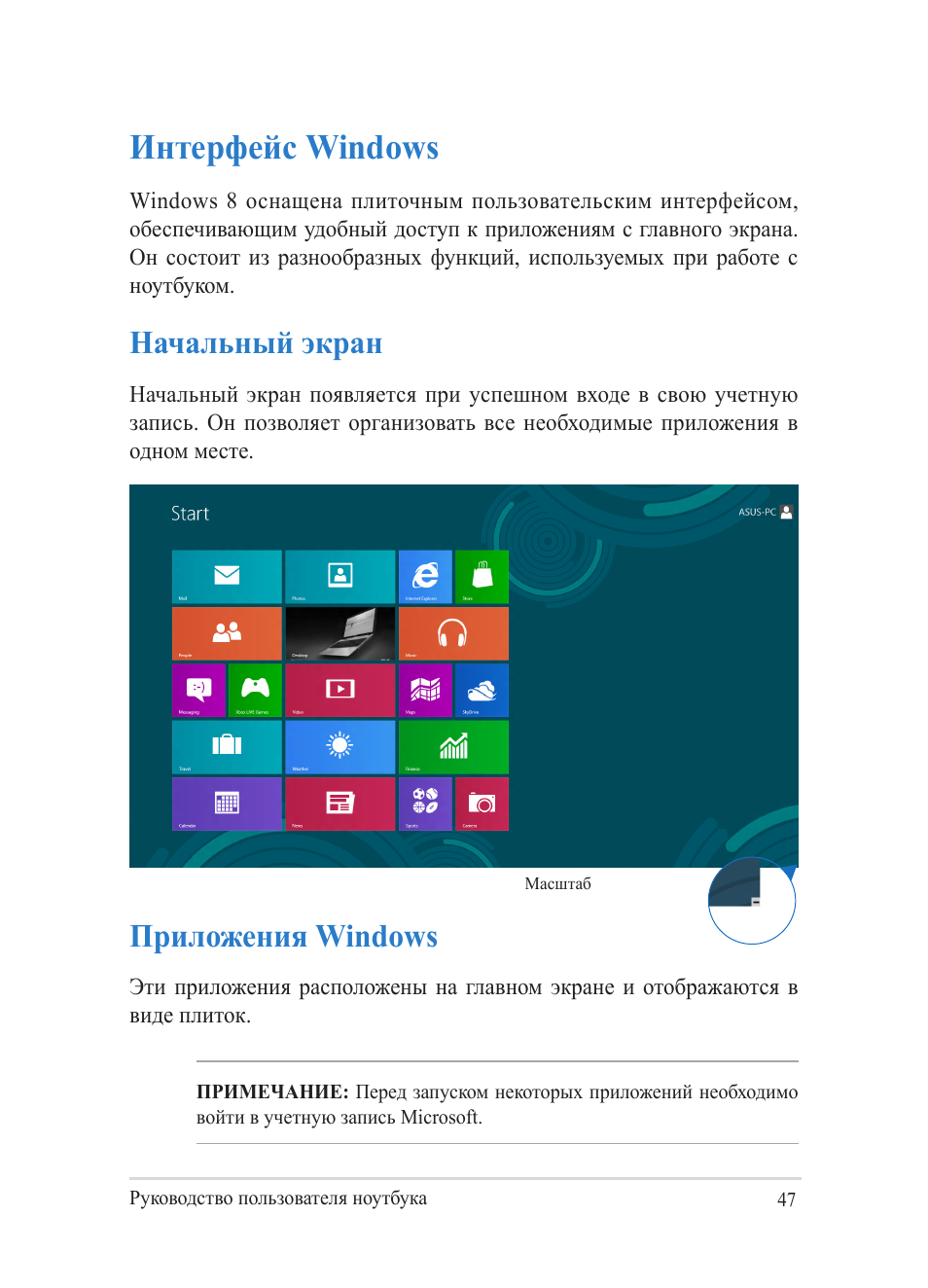 Интерфейс windows, Начальный экран, Приложения windows | Начальный экран приложения windows | Asus Y482CP User Manual | Page 47 / 130