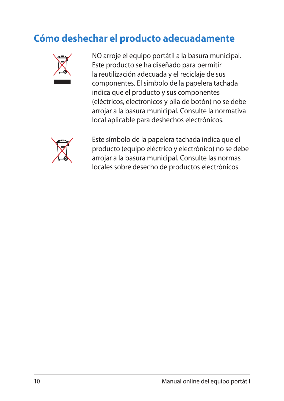 Cómo deshechar el producto adecuadamente | Asus UX301LA User Manual | Page 10 / 114