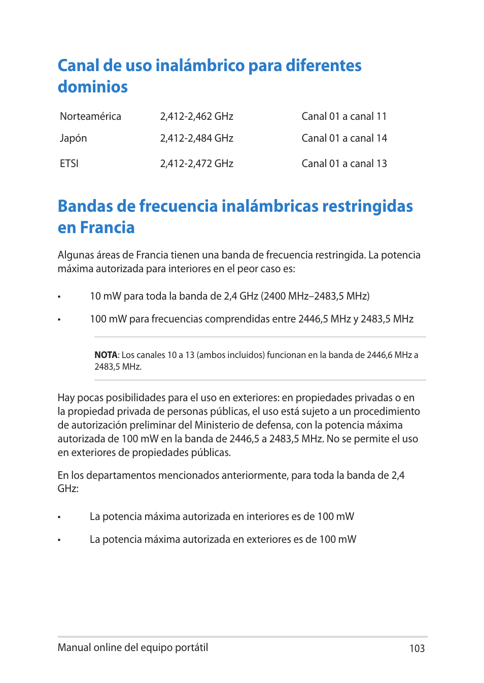 Canal de uso inalámbrico para diferentes dominios | Asus UX301LA User Manual | Page 103 / 114