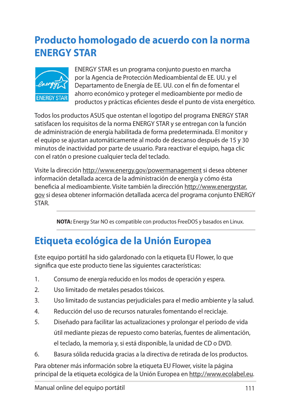 Etiqueta ecológica de la unión europea | Asus UX301LA User Manual | Page 111 / 114