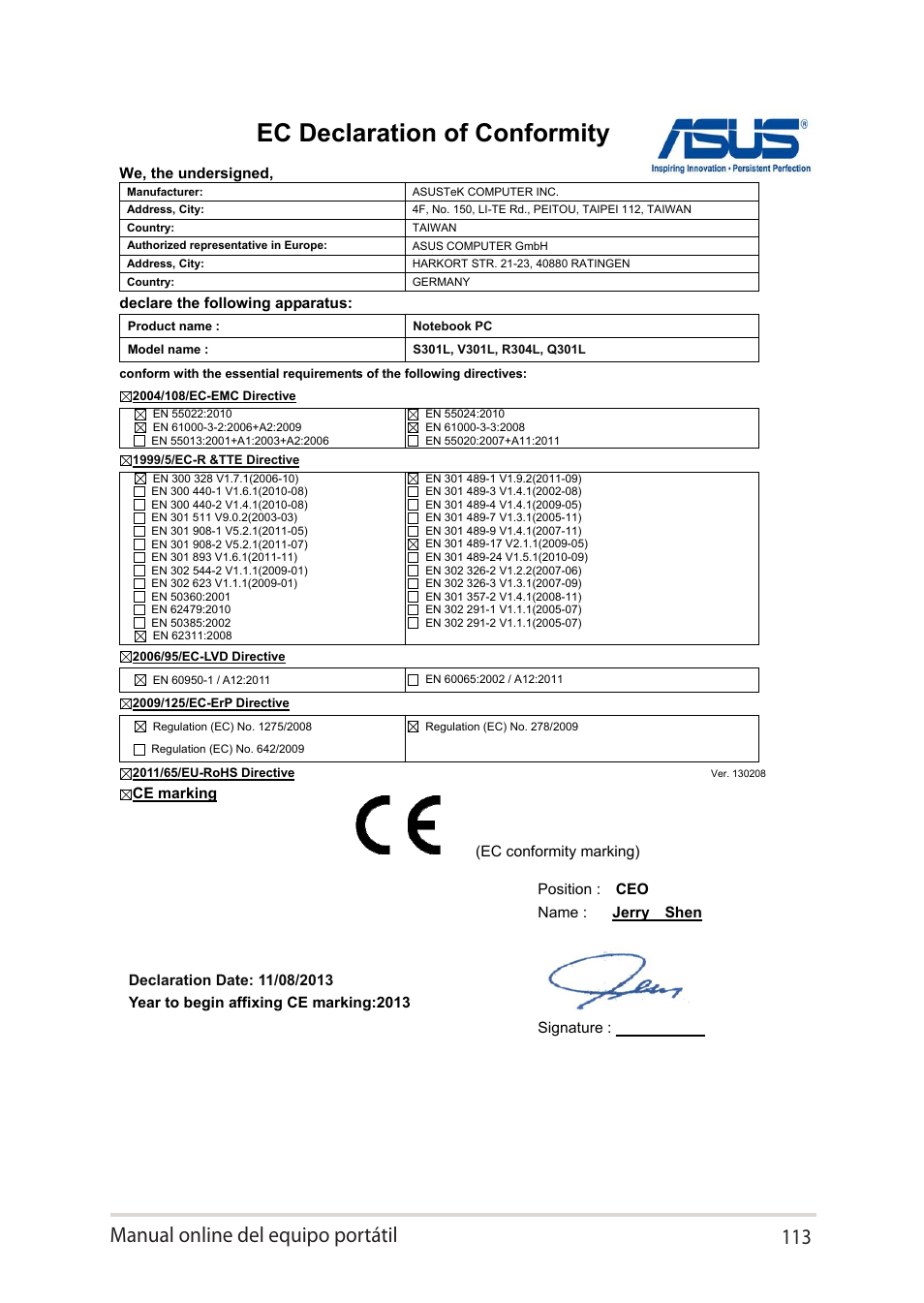 Ec declaration of conformity, Manual online del equipo portátil 113 | Asus UX301LA User Manual | Page 113 / 114