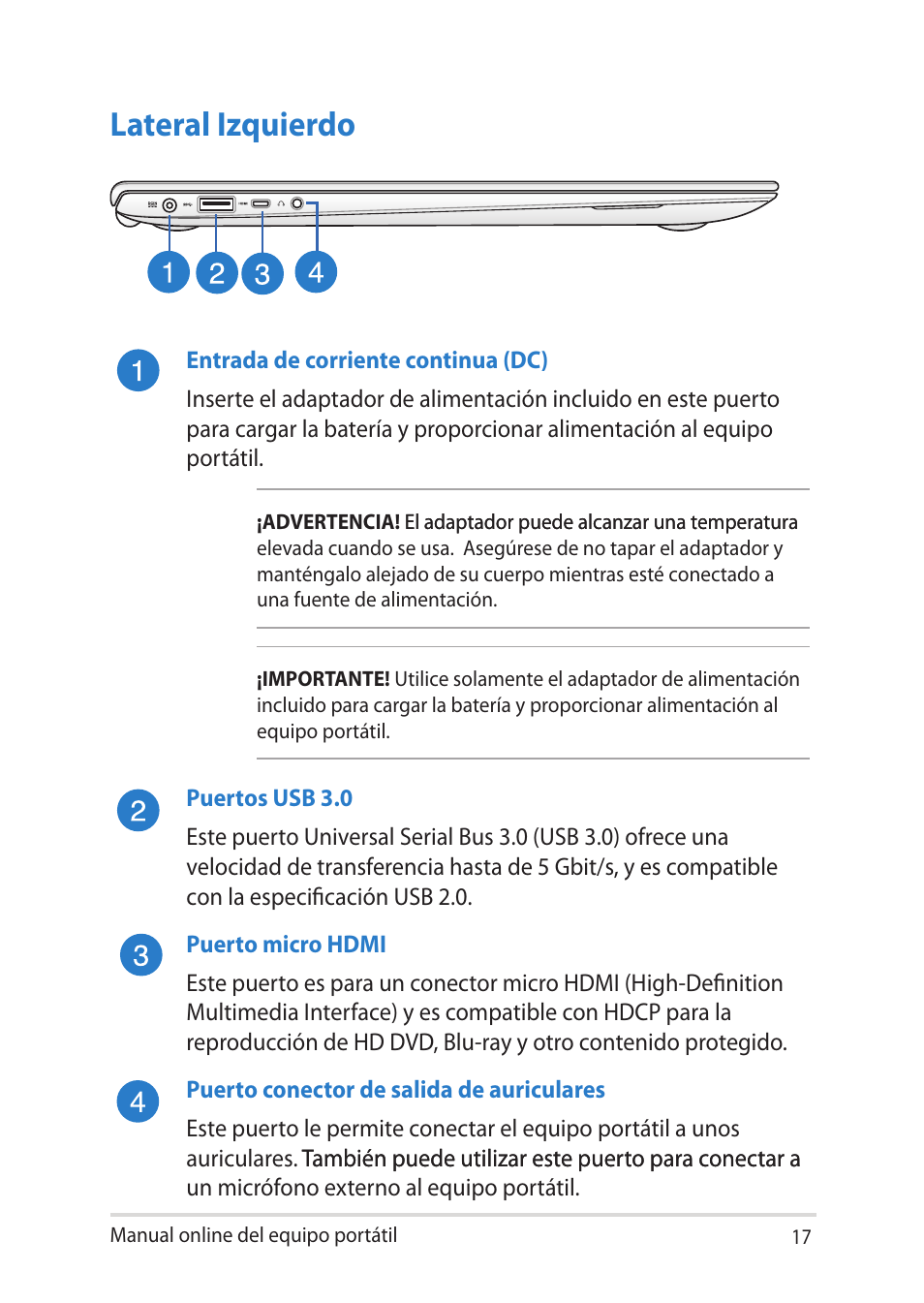 Lateral izquierdo | Asus UX301LA User Manual | Page 17 / 114