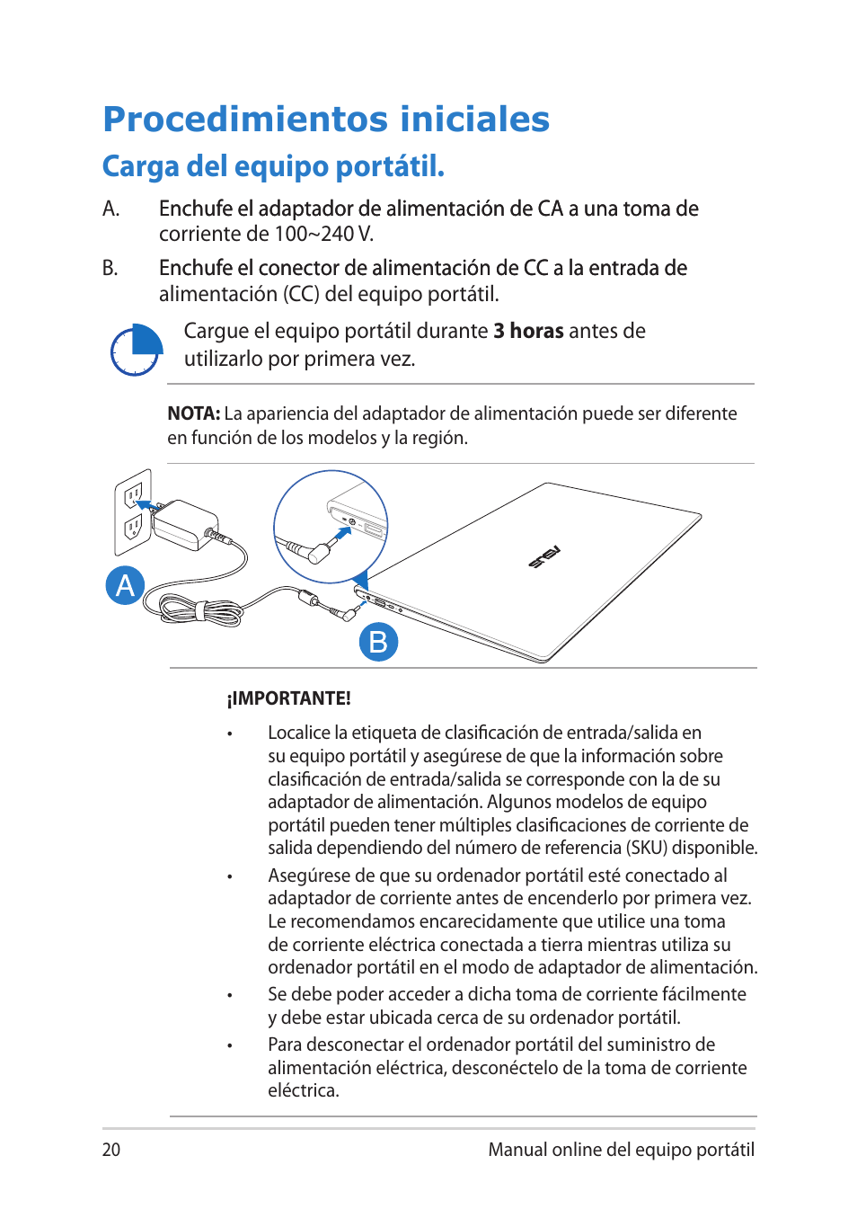 Procedimientos iniciales, Carga del equipo portátil | Asus UX301LA User Manual | Page 20 / 114