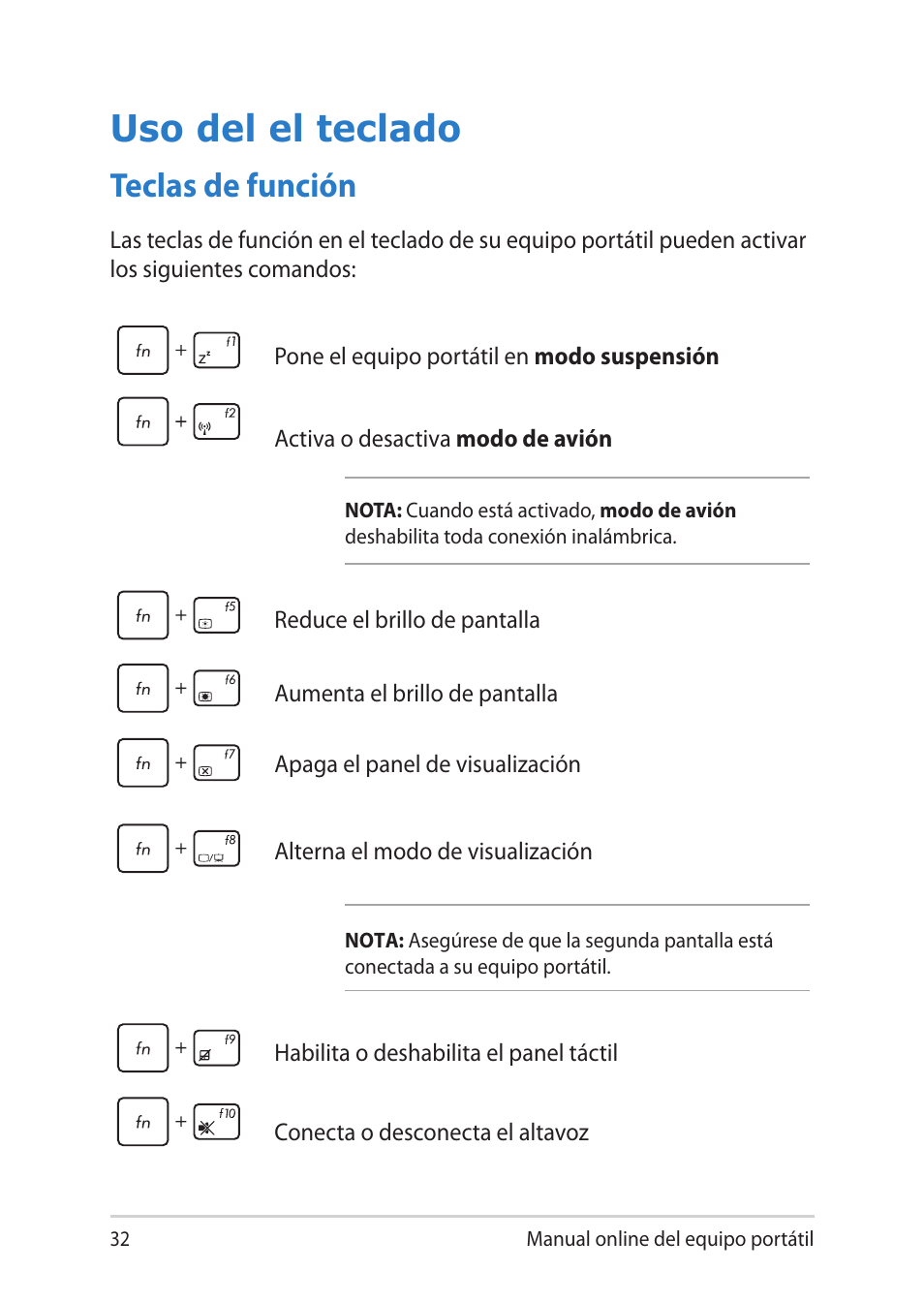 Uso del el teclado, Teclas de función | Asus UX301LA User Manual | Page 32 / 114