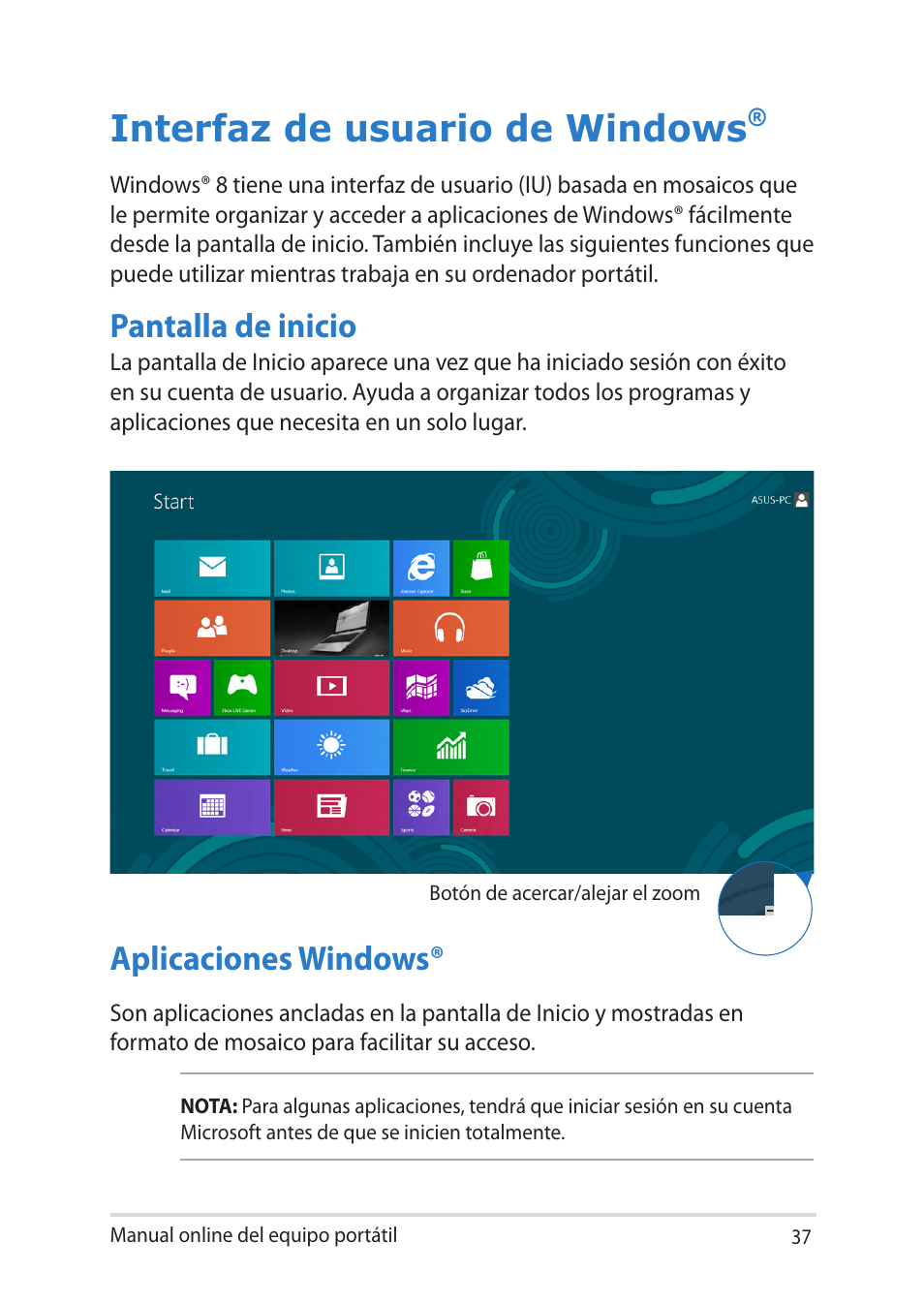 Interfaz de usuario de windows, Pantalla de inicio, Aplicaciones windows | Pantalla de inicio aplicaciones windows | Asus UX301LA User Manual | Page 37 / 114