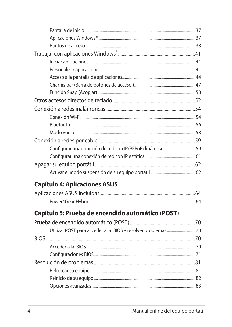 Capítulo 4: aplicaciones asus, Capítulo 5: prueba de encendido automático (post) | Asus UX301LA User Manual | Page 4 / 114