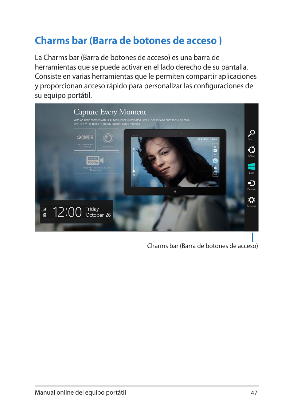 Charms bar (barra de botones de acceso ) | Asus UX301LA User Manual | Page 47 / 114