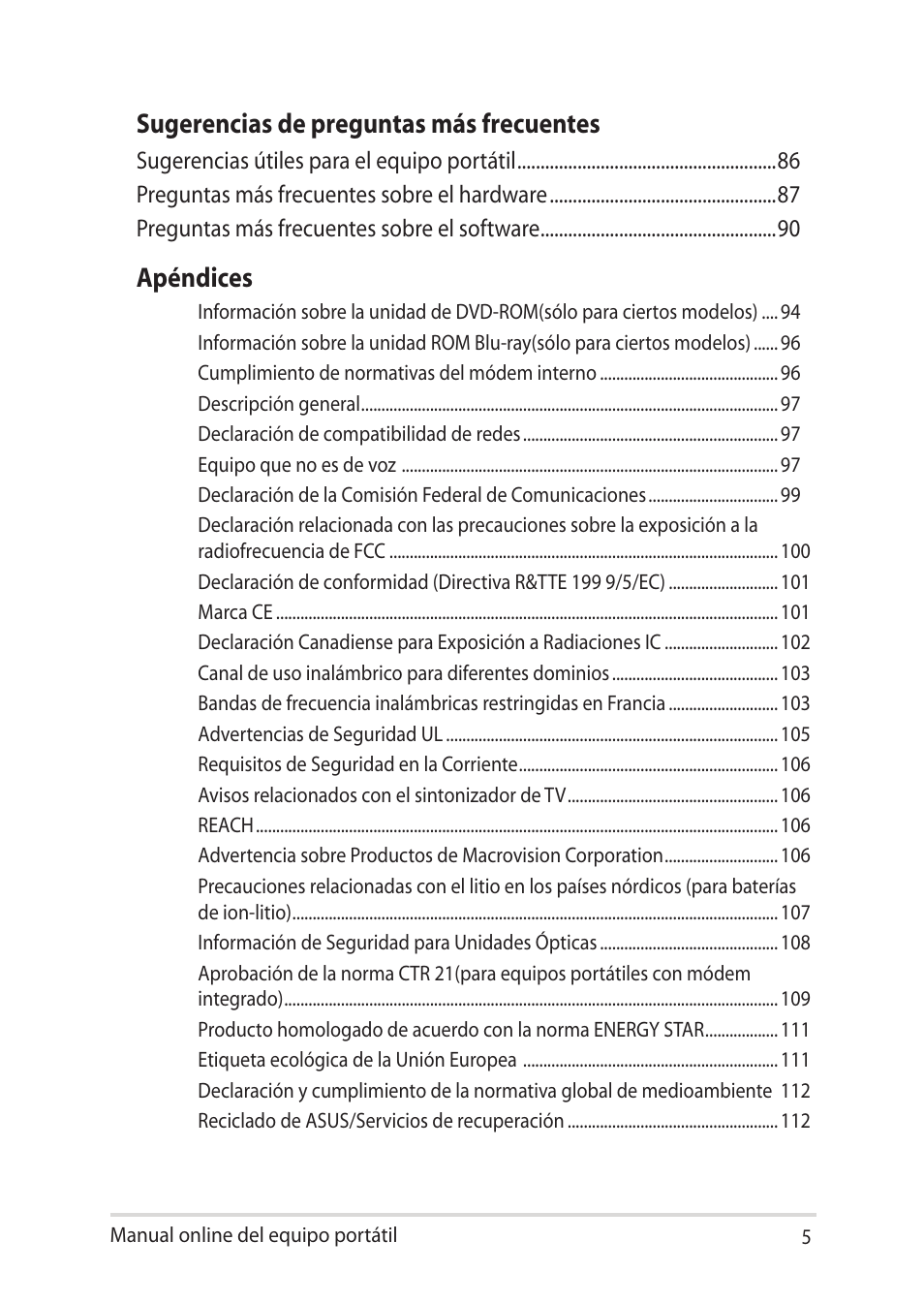 Sugerencias de preguntas más frecuentes, Apéndices | Asus UX301LA User Manual | Page 5 / 114