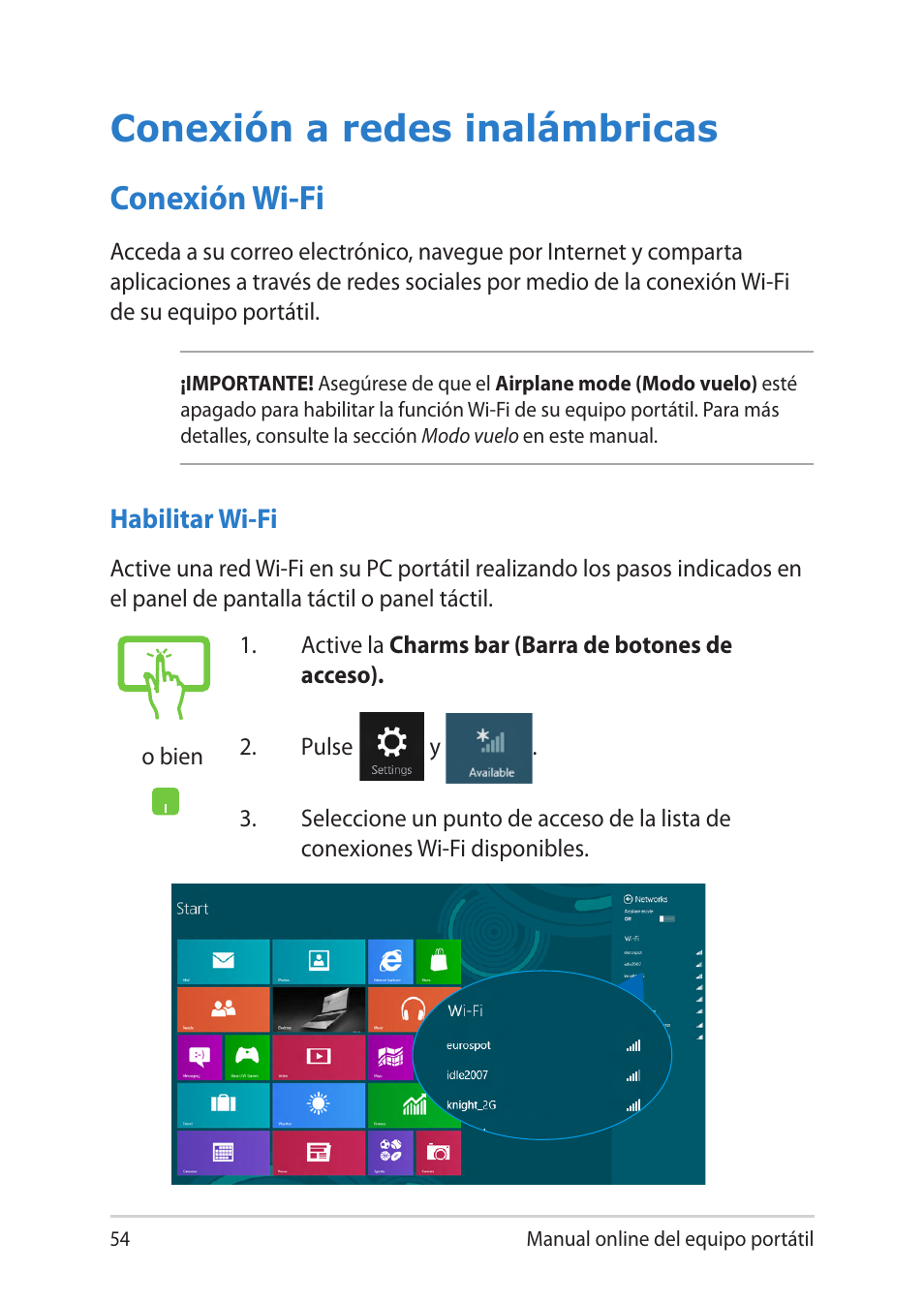 Conexión a redes inalámbricas, Conexión wi-fi | Asus UX301LA User Manual | Page 54 / 114