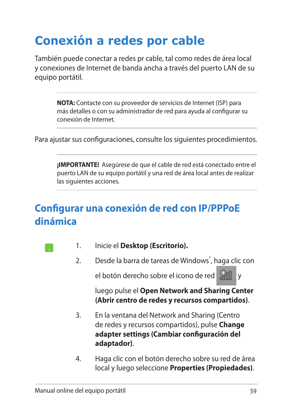 Conexión a redes por cable | Asus UX301LA User Manual | Page 59 / 114