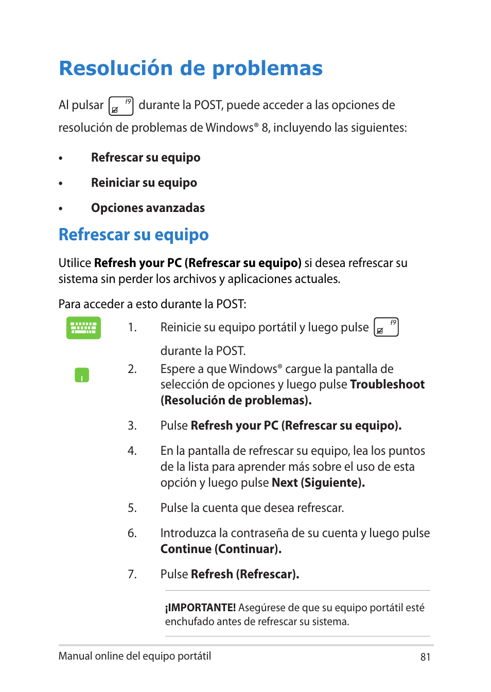 Resolución de problemas, Refrescar su equipo | Asus UX301LA User Manual | Page 81 / 114