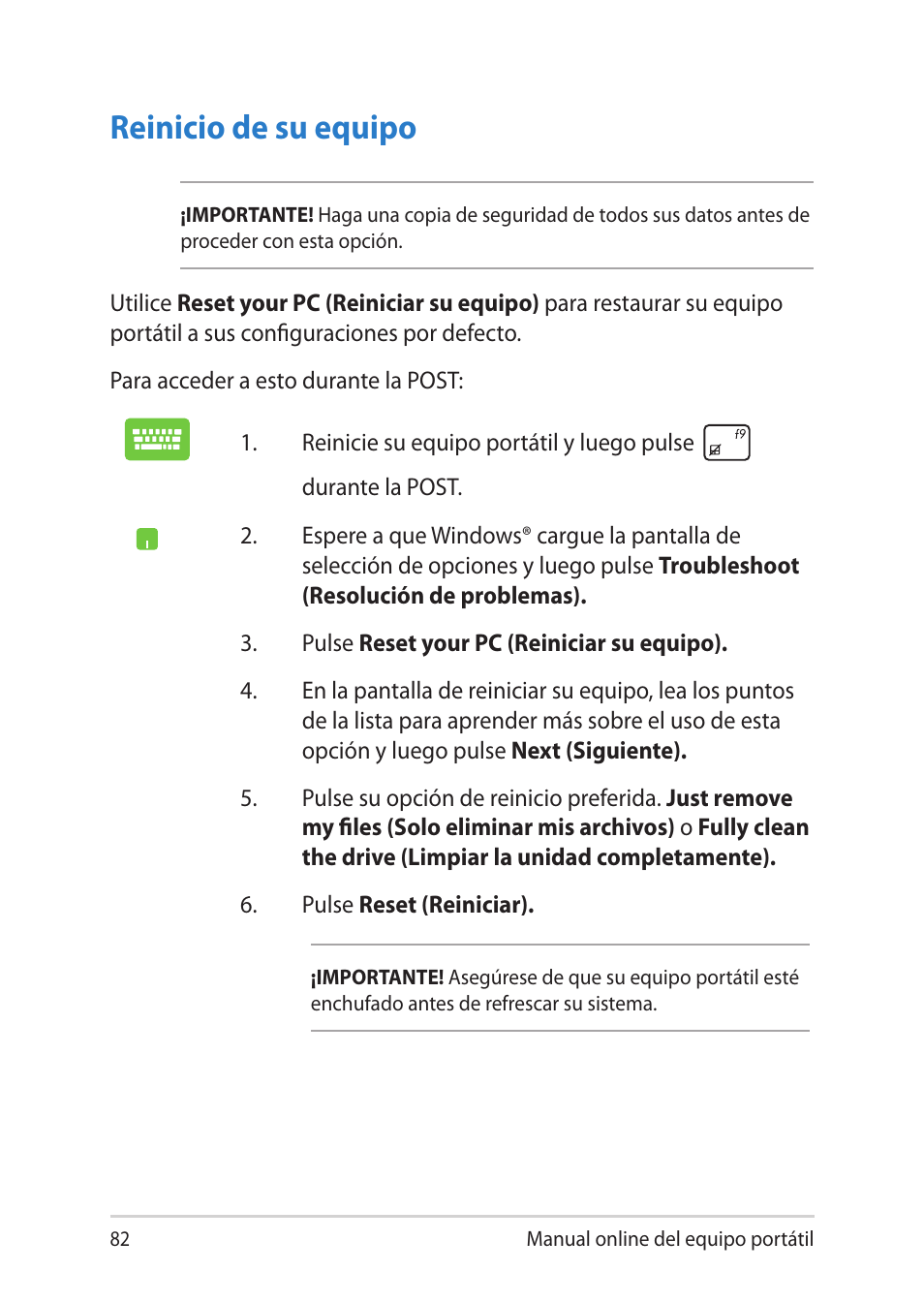 Reinicio de su equipo | Asus UX301LA User Manual | Page 82 / 114