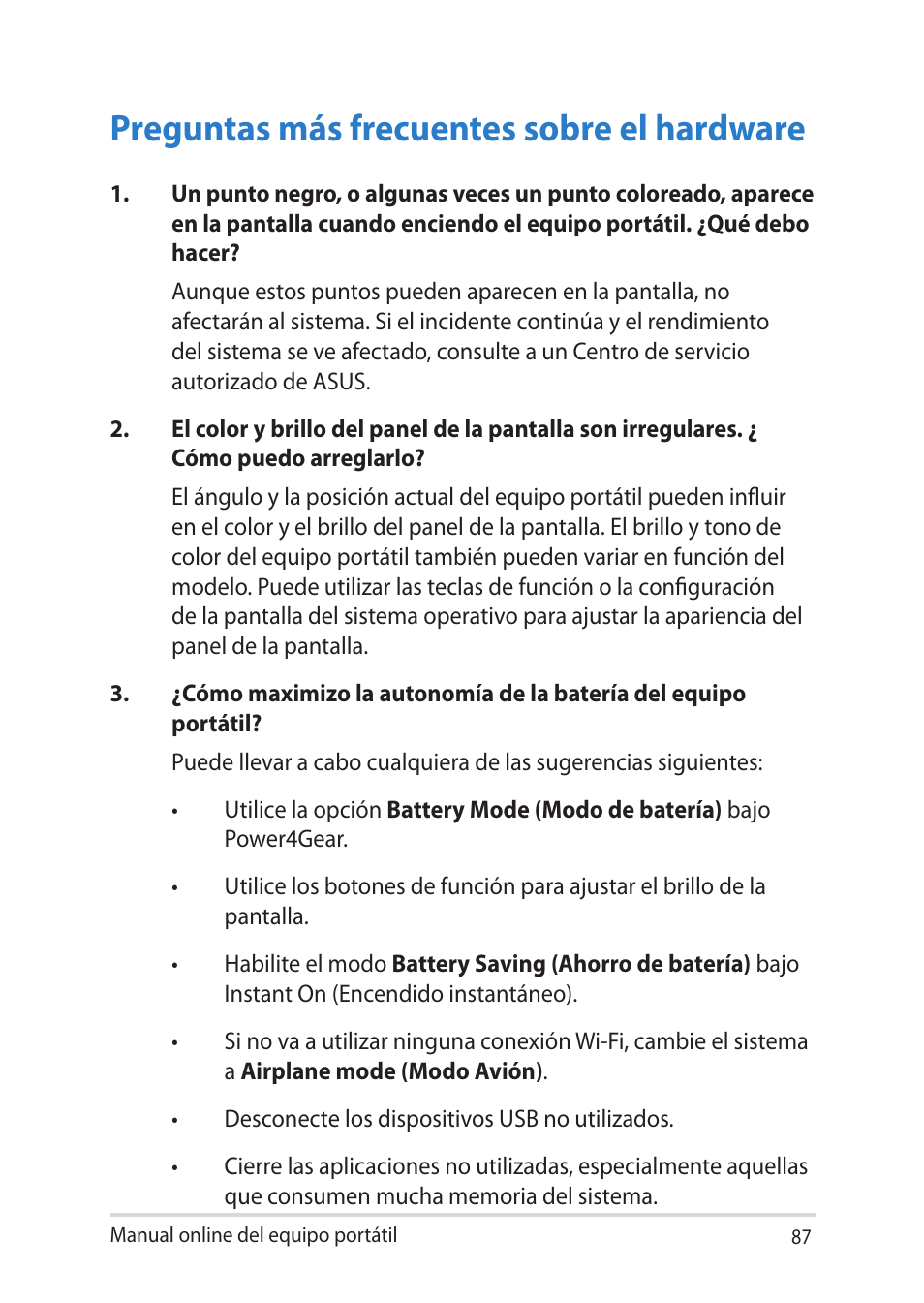 Preguntas más frecuentes sobre el hardware | Asus UX301LA User Manual | Page 87 / 114