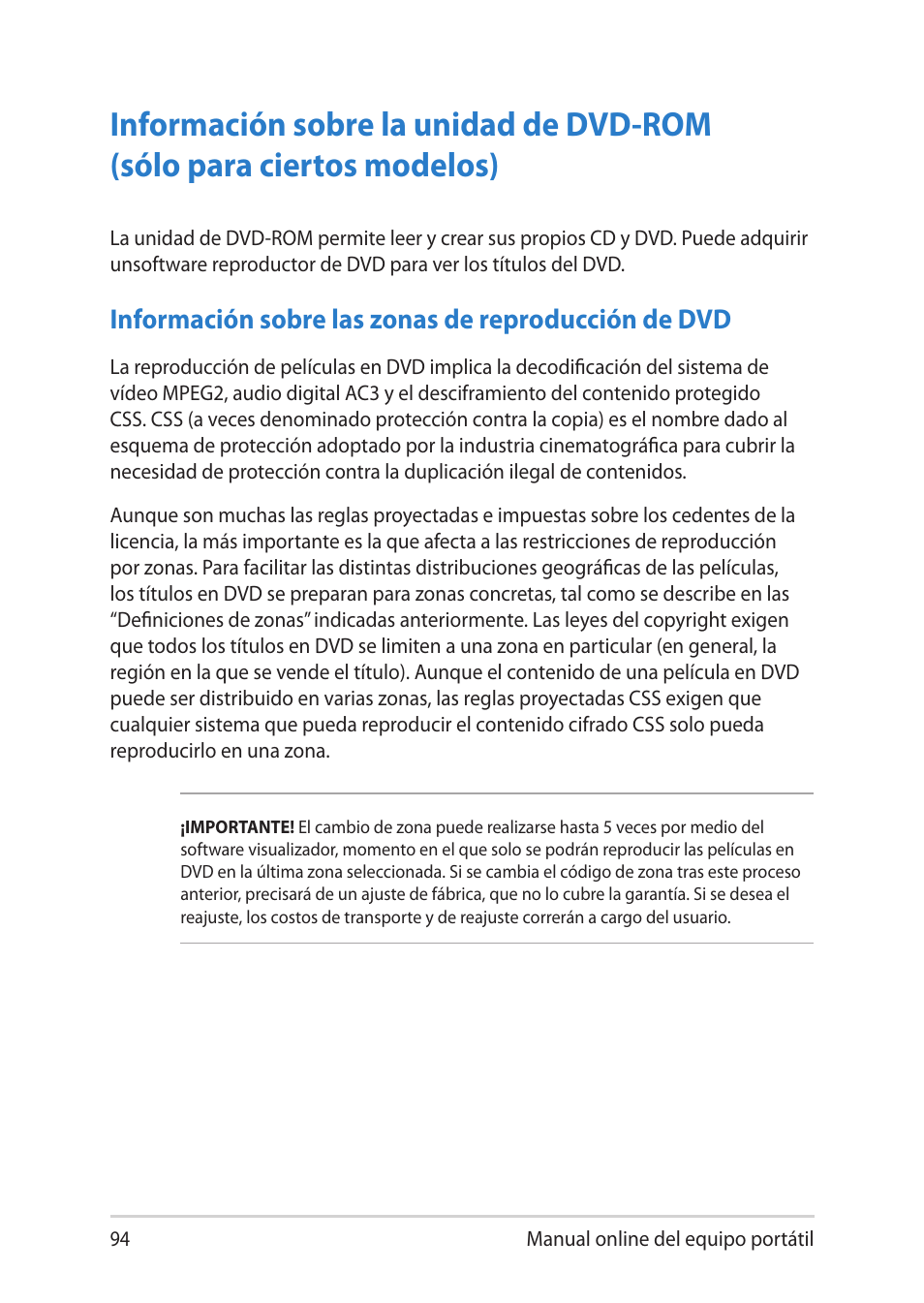 Información sobre las zonas de reproducción de dvd | Asus UX301LA User Manual | Page 94 / 114