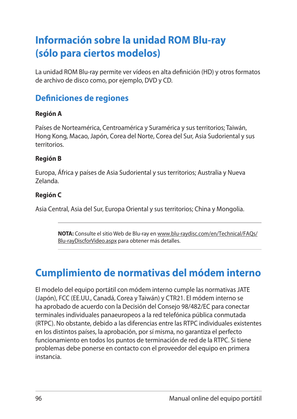 Cumplimiento de normativas del módem interno, Definiciones de regiones | Asus UX301LA User Manual | Page 96 / 114