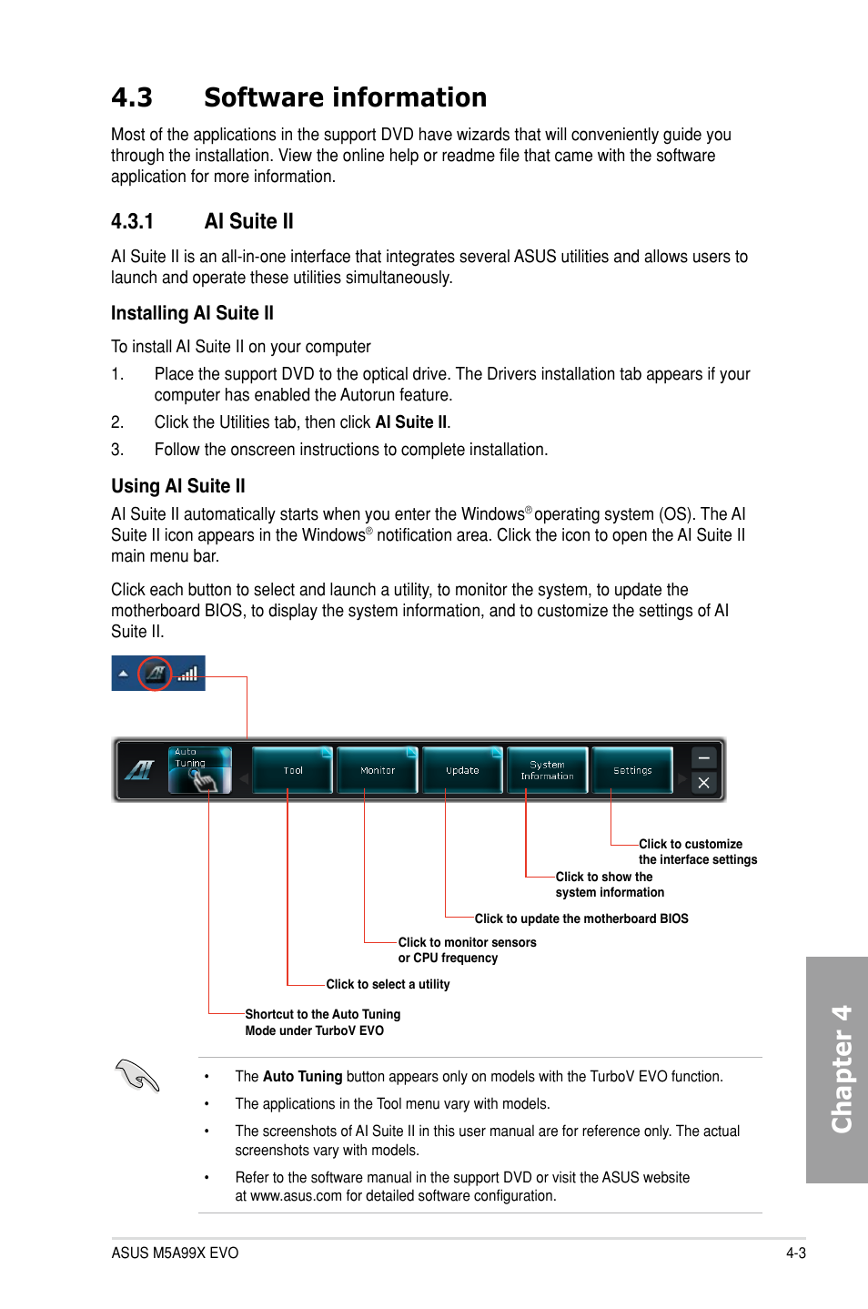 3 software information, 1 ai suite ii, Software information -3 4.3.1 | Ai suite ii -3, Chapter 4 4.3 software information | Asus M5A99X EVO User Manual | Page 105 / 138