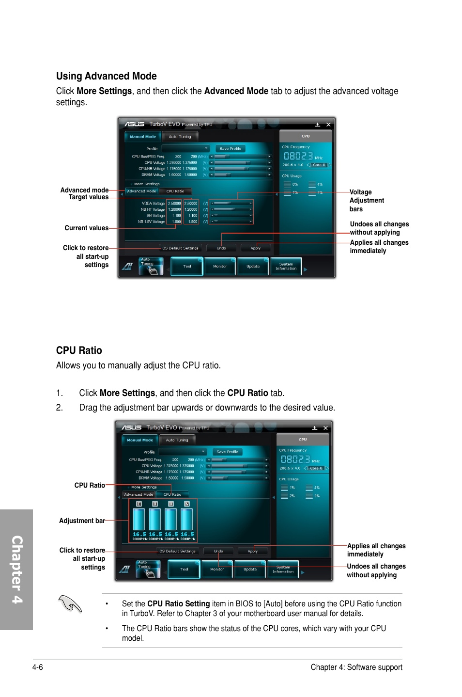 Chapter 4, Using advanced mode, Cpu ratio | Asus M5A99X EVO User Manual | Page 108 / 138