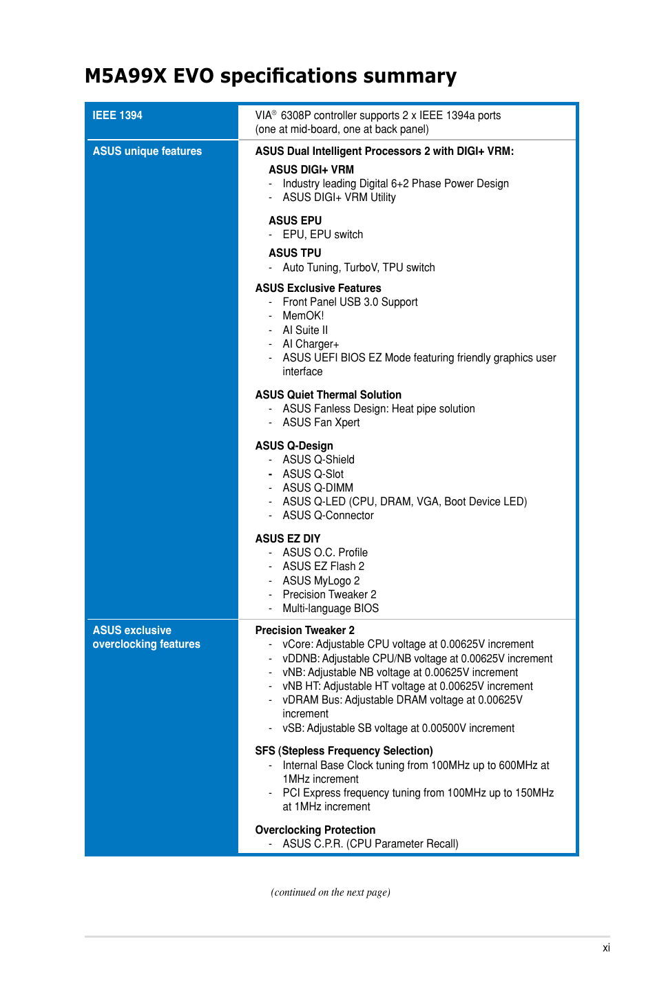 M5a99x evo specifications summary | Asus M5A99X EVO User Manual | Page 11 / 138