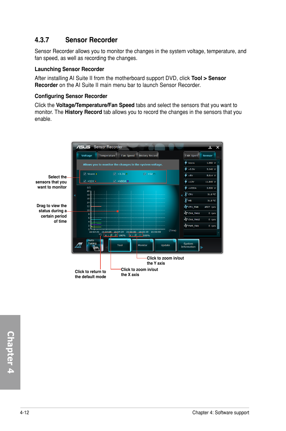 7 sensor recorder, Sensor recorder -12, Chapter 4 | Asus M5A99X EVO User Manual | Page 114 / 138