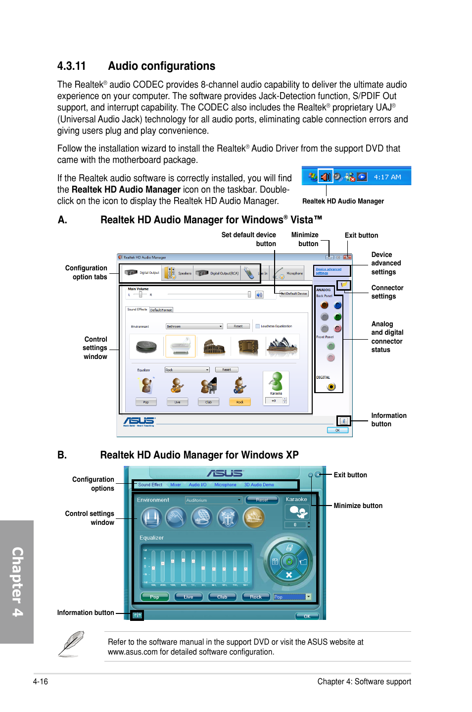 11 audio configurations, Audio configurations -16, Chapter 4 | A. realtek hd audio manager for windows, Vista, B. realtek hd audio manager for windows xp | Asus M5A99X EVO User Manual | Page 118 / 138